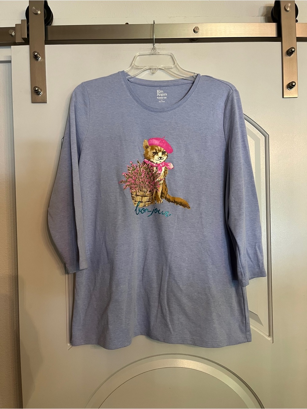 Kim Rogers light blue and pink Paris Cat Graphic 3/4 sleeve Tee. GUC!